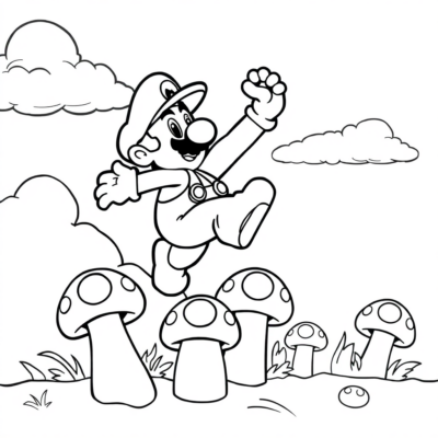 Coloring Book: Super Mario – Mario Jumps on Mushrooms