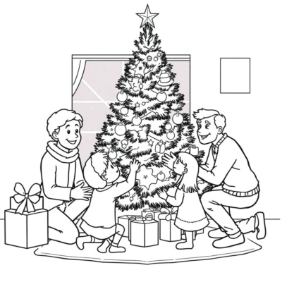 Coloring Book: Christmas – The Family Decorates the Tree Together