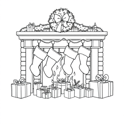 Coloring Book: Christmas – Socks Full of Gifts by the Fireplace