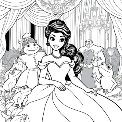 Coloring Book: Tiana at the Ball with Princes and Frogs