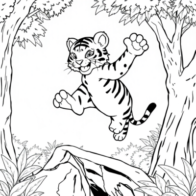 Coloring Book: Tiger Cub Jumping Through the Trees
