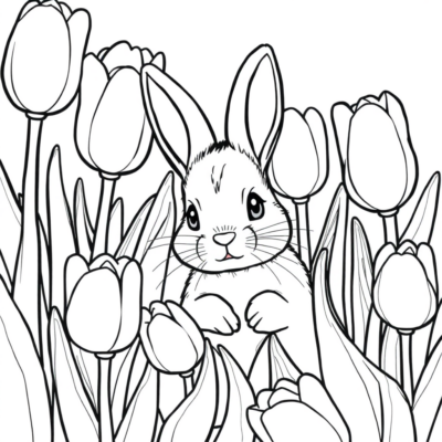 Coloring Book: Bunny Hiding Among Tulips