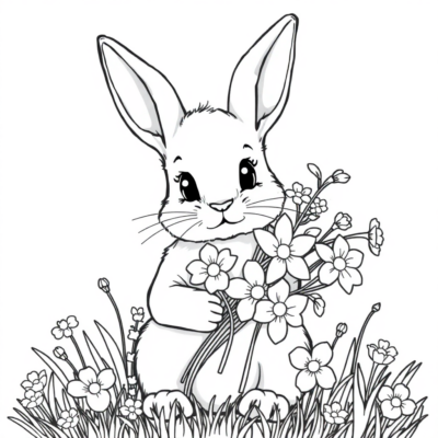 Coloring Book: Bunny with a Bouquet of Spring Flowers