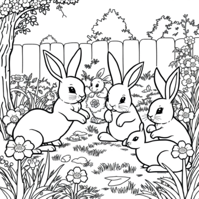 Coloring Book: Bunnies Playing in the Garden
