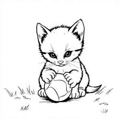 Coloring Book: Little Animals – Kitten Playing with a Ball