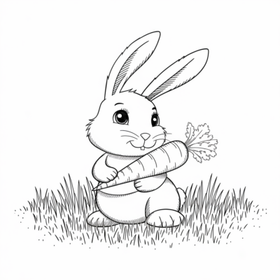Coloring Book: Little Animal – Bunny with Carrot in the Meadow
