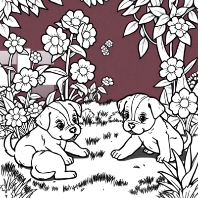 Coloring Book: Little Puppies Playing in the Garden