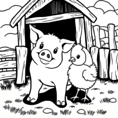Coloring Book: Little Animals – Piglet and Chick on the Farm