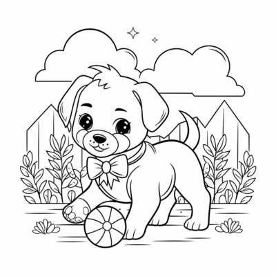Coloring Book: Animals – Puppy with a Bow Playing with a Ball