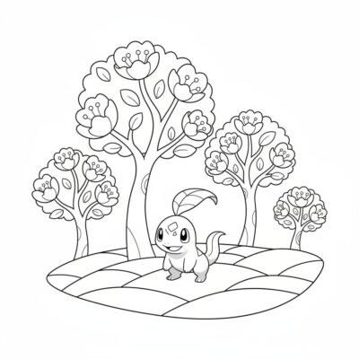 Coloring Book: POKEMONS – Chikorita Among Blooming Trees