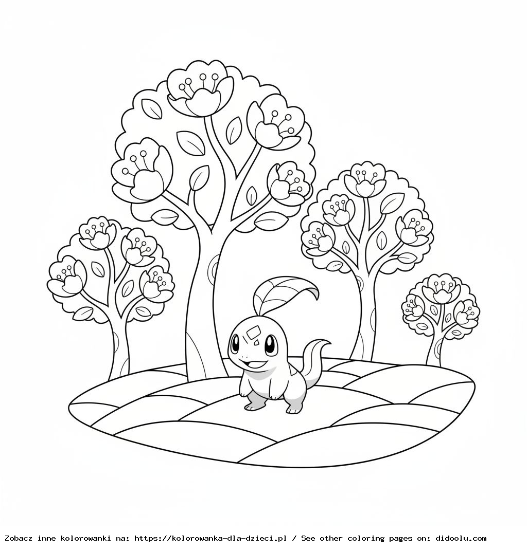 Coloring Book: POKEMONS – Chikorita Among Blooming Trees