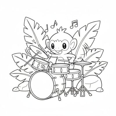 Coloring Book: POKEMONS – Grookey Playing on Sticks