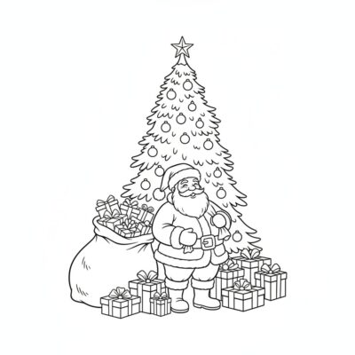 Coloring Book: Christmas – Santa with Gifts Under the Christmas Tree