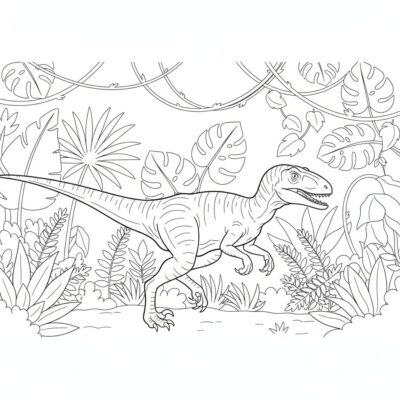 Coloring Book: Dinosaur – Velociraptor Running Through the Jungle