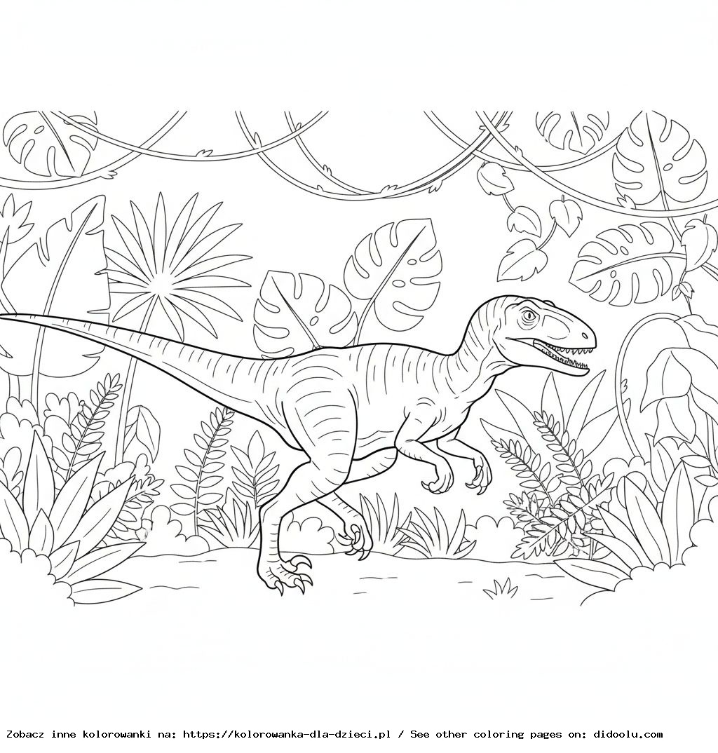 Coloring Book: Dinosaur – Velociraptor Running Through the Jungle