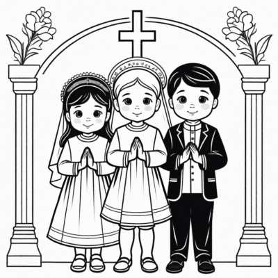 Children in First Communion Outfits for Corpus Christi – Coloring Book