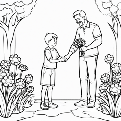 child giving flowers to dad – coloring page