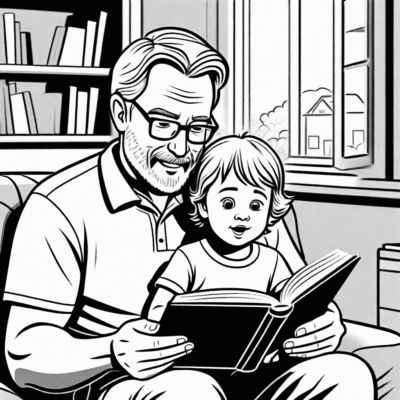 dad reads a book to a child – coloring page