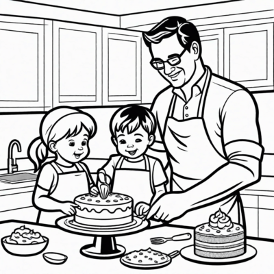 Daddy and Child Baking a Cake Together – Coloring Page